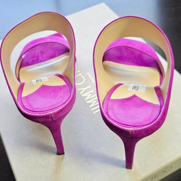 Jimmy Choo Hira Mule Sandals Magenta Suede Square Toe Stiletto Heels - Picture 9 of 16